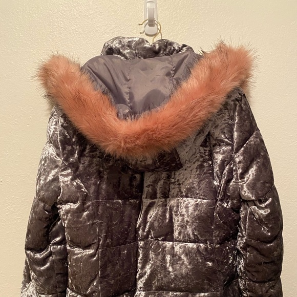 Ci Sono Velvet Gray Winter Jacket with Pink Faux Fur Collar - Picture 2 of 4